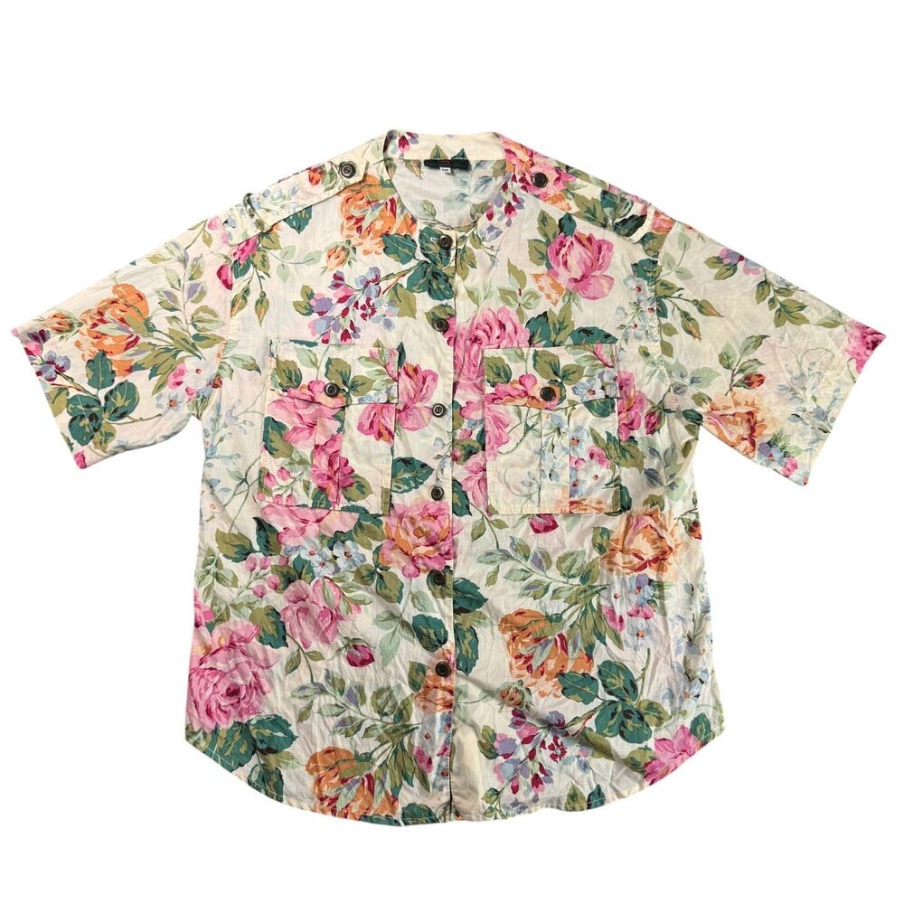 Vintage 80s Abercrombie & Fitch Womens M Floral Safari Shirt Made USA A&F